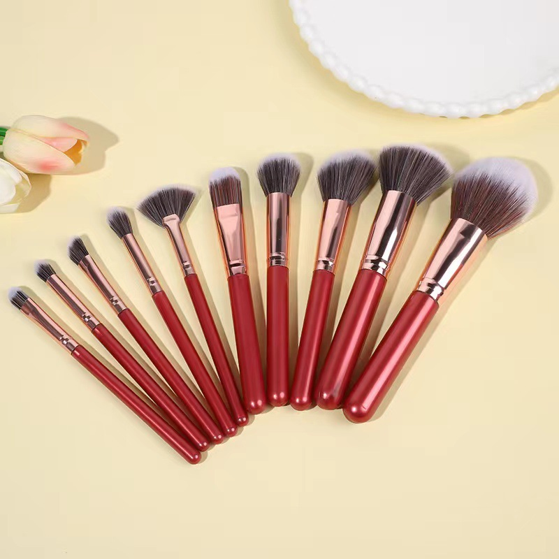 Beautichen 10PCS Red Makeup Brushes Set - High Coverage Highlighter Foundation Soft Cosmetic Brushes Bulk OEM