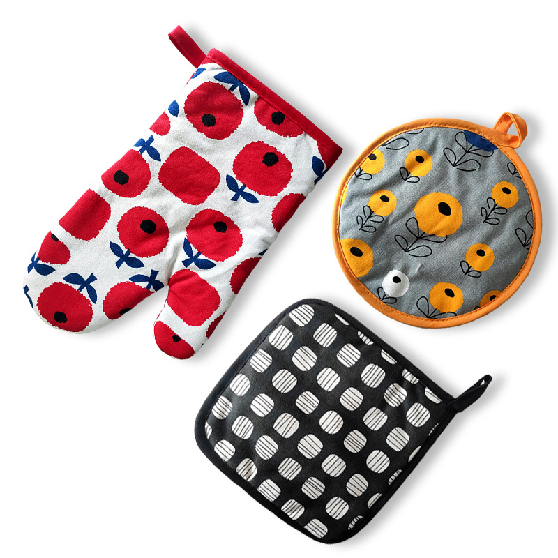 Pure Cotton Non Slip Kitchen Pot Holders and Oven Mitts Set