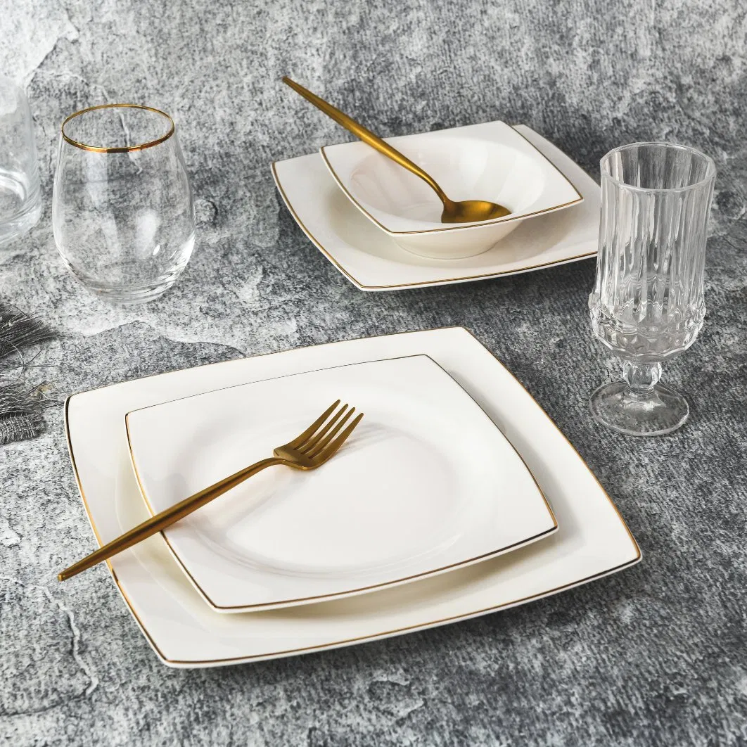 24PCS Best Selling Squar Gold Rim Tableware Plate Ceramic Dinner Set