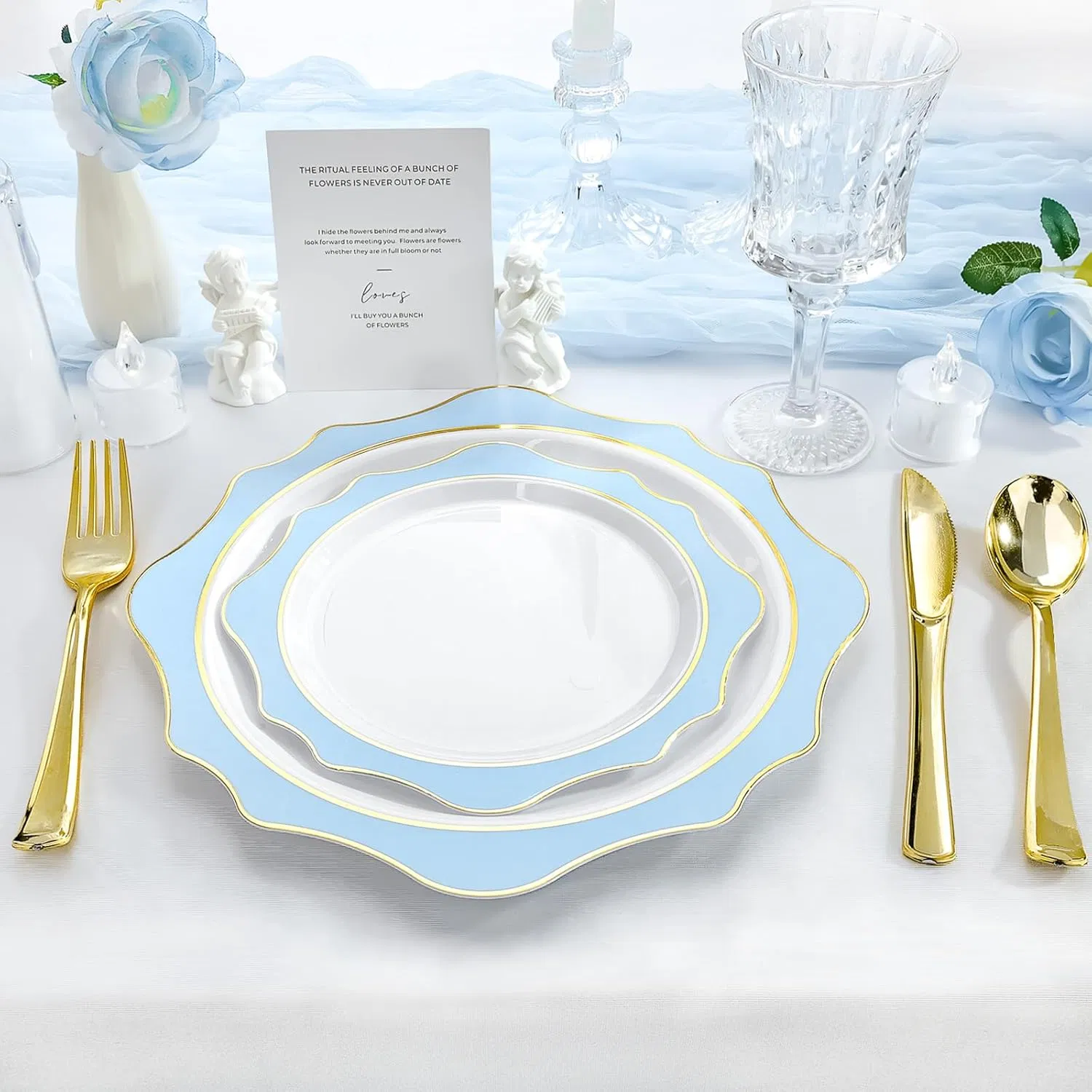 White and Blue Disposable Plates Scalloped Flowers Plastic Plates