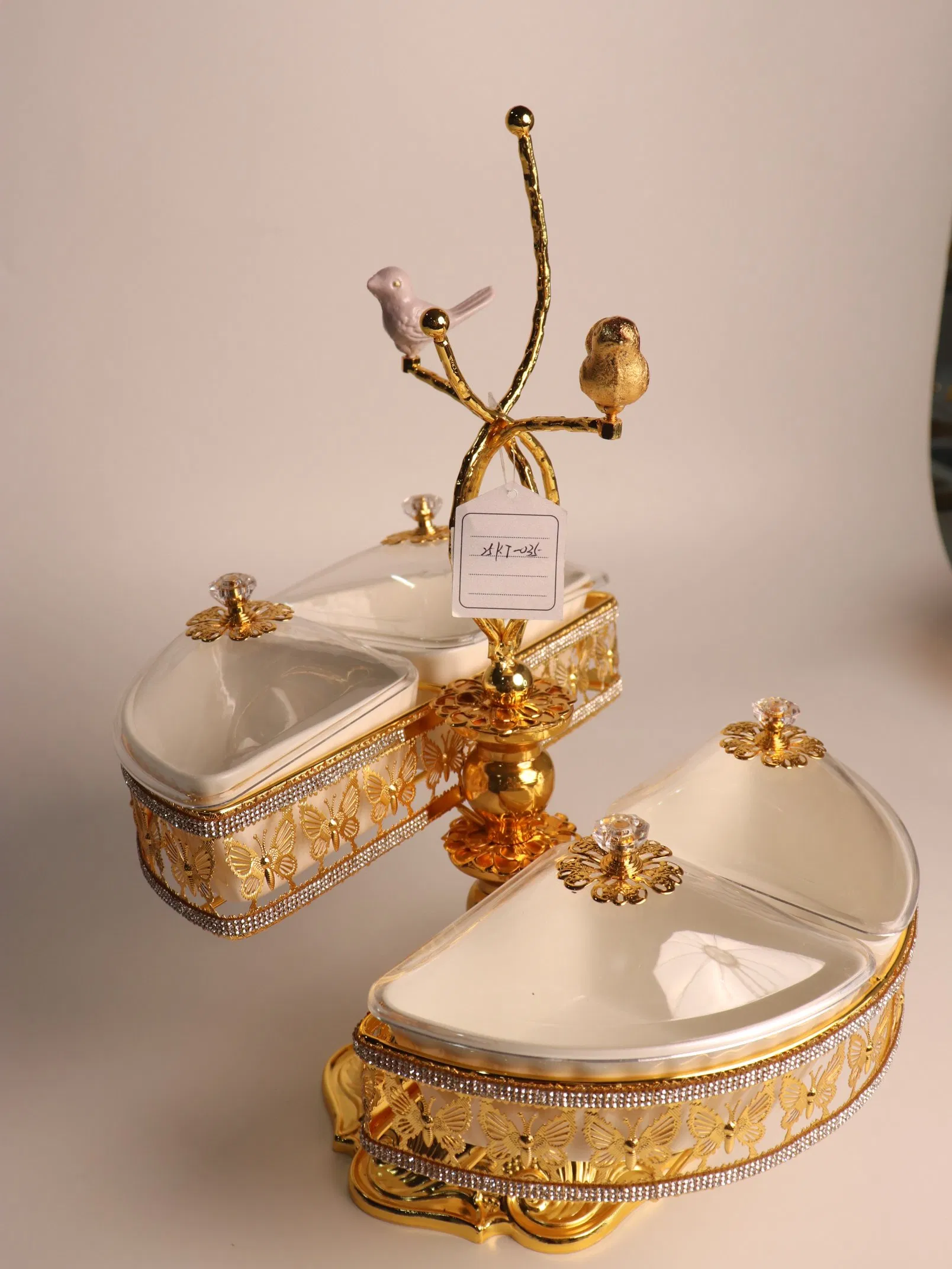 Home Ornament Gold-Plated Iron Frame with Large Size Four-Panel Ceramic Bowl