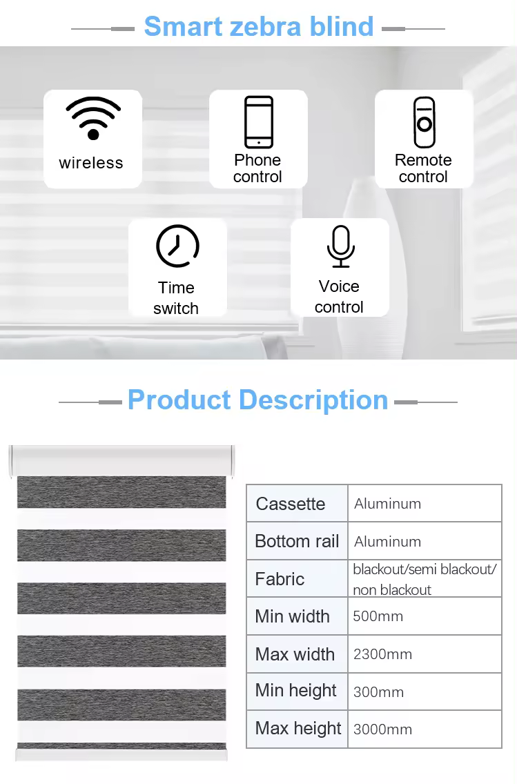 Electric WiFi Controlled Window Curtains Zebra Blind for Villa Hotel School Hospital Office