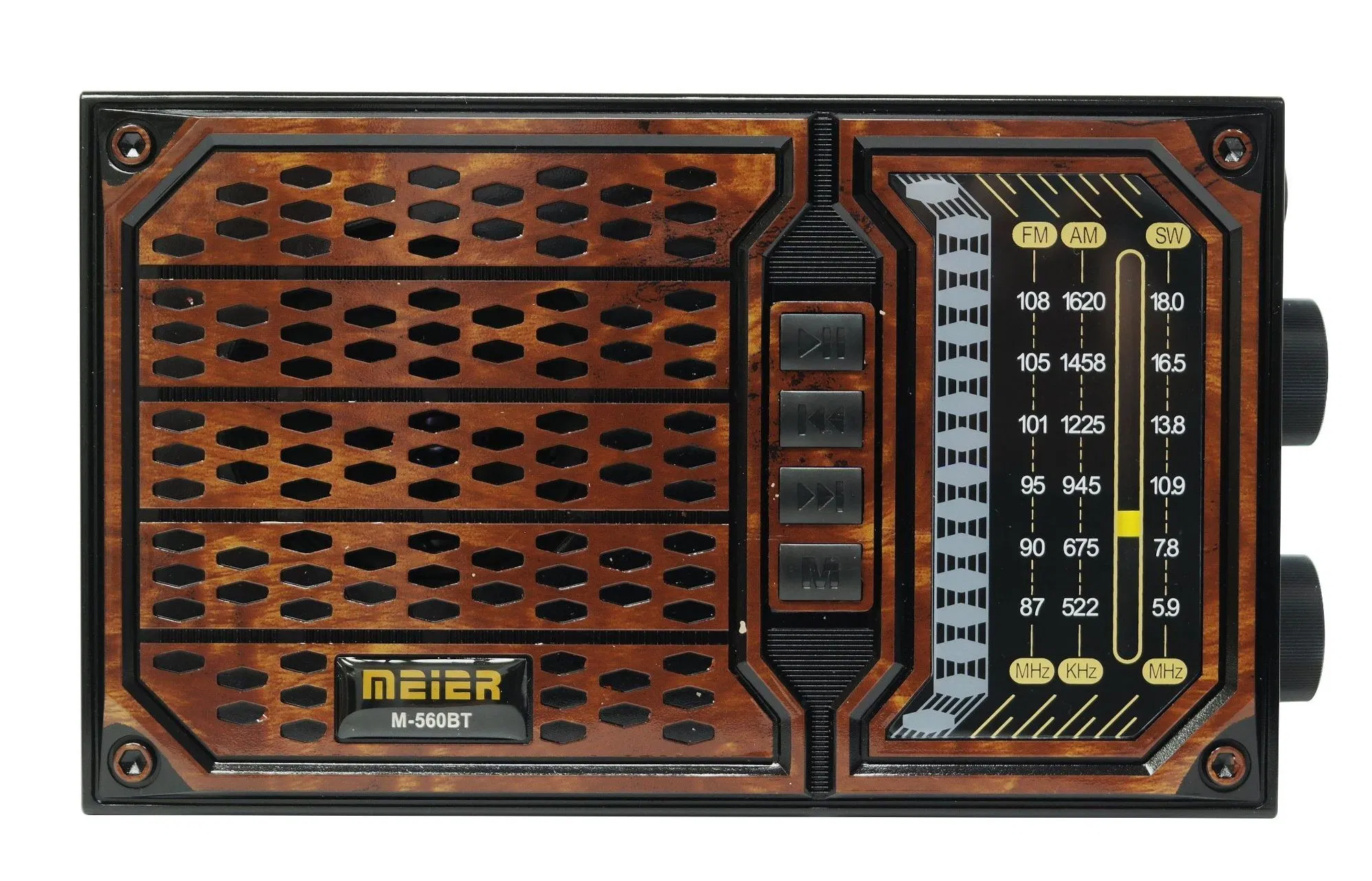 Meier M-560bt Portable 3-Band Am FM Sw Radio, TF Card and MP3 Player, Rechargeable Speaker, Bluetooth Retro Design, Flashlight Function Mini Radio