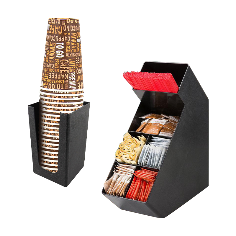 Coffee Cup Dispenser and Lid Holder with Straw and Condiment Pockets