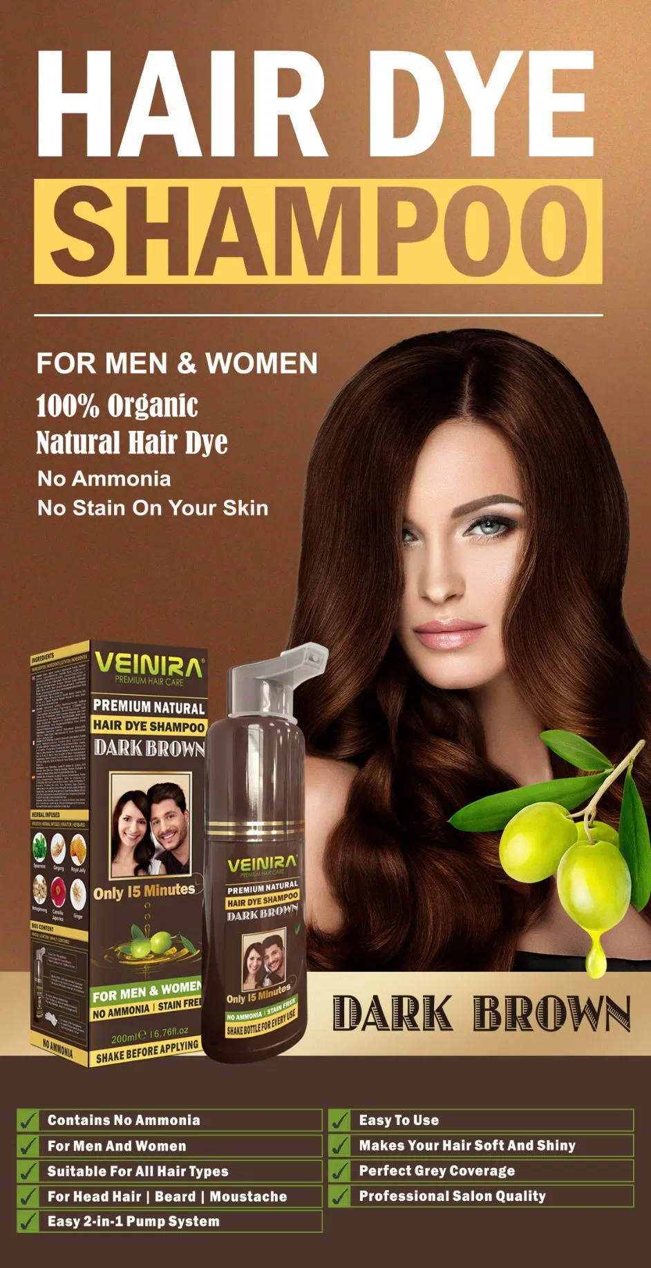 Veinira Tinturas De Cabelo Convenient and Quick Black Brown Hair Color Shampoo Productos Para EL Cabello