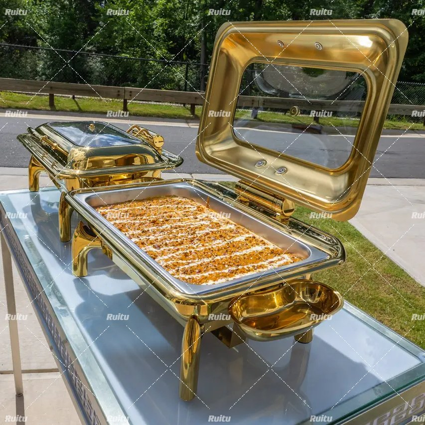 Catering Kitchenware Set Hot Pot Chafer Dishes Buffet Set Chafing Dishes Buffet Stove Food Buffet Display Warmer Hydraulic Rectangular 9L Gold Chafing Dish