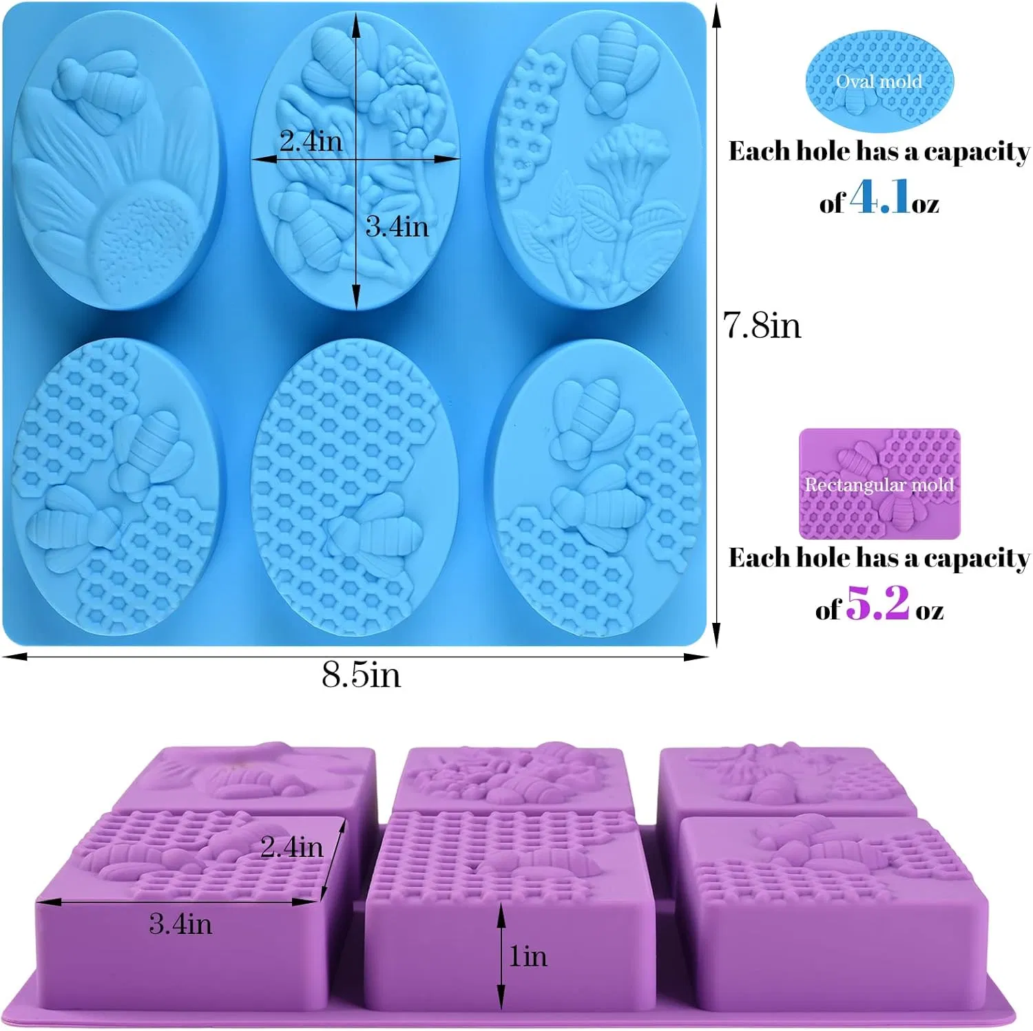 6 Cavity Bee Silicone Soap Molds Rectangle Oval Honeycomb Loaf Handmade Molds for Soap Making