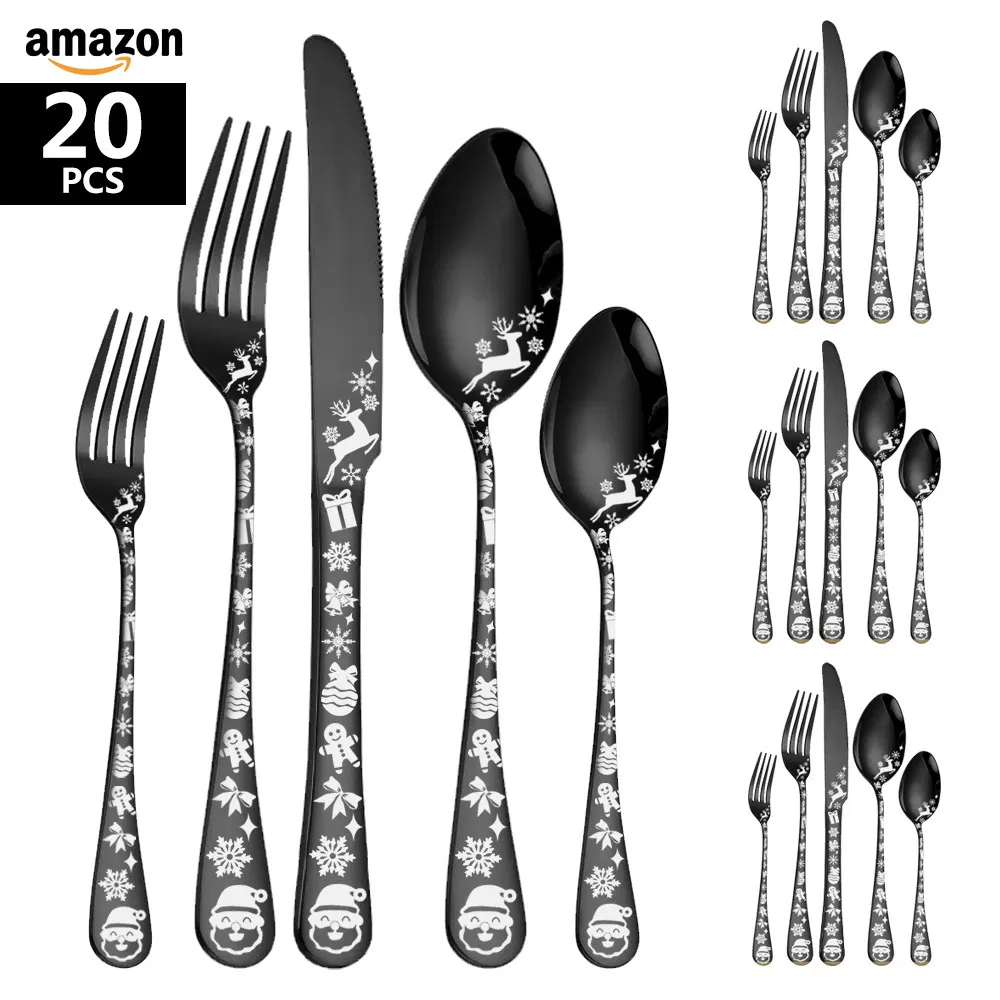 Home Kitchen Tableware Durable Flatware 5PCS Stainless Steel Christmas Gift Black Cutlery Set
