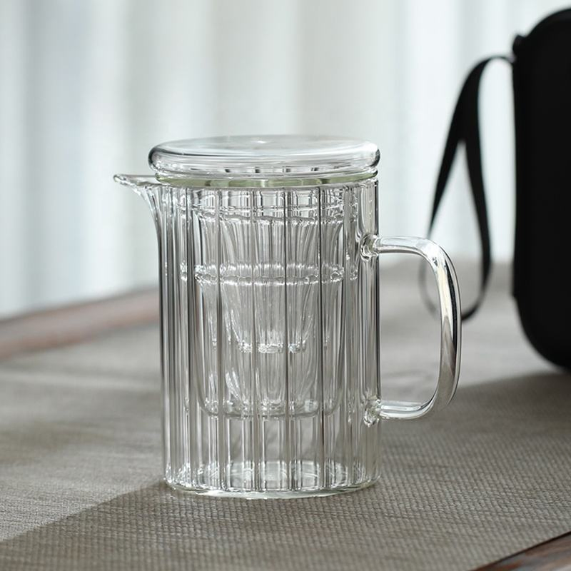 Vertical Stripe Glass Cup with Spout and Filter Glass Lid for Tea