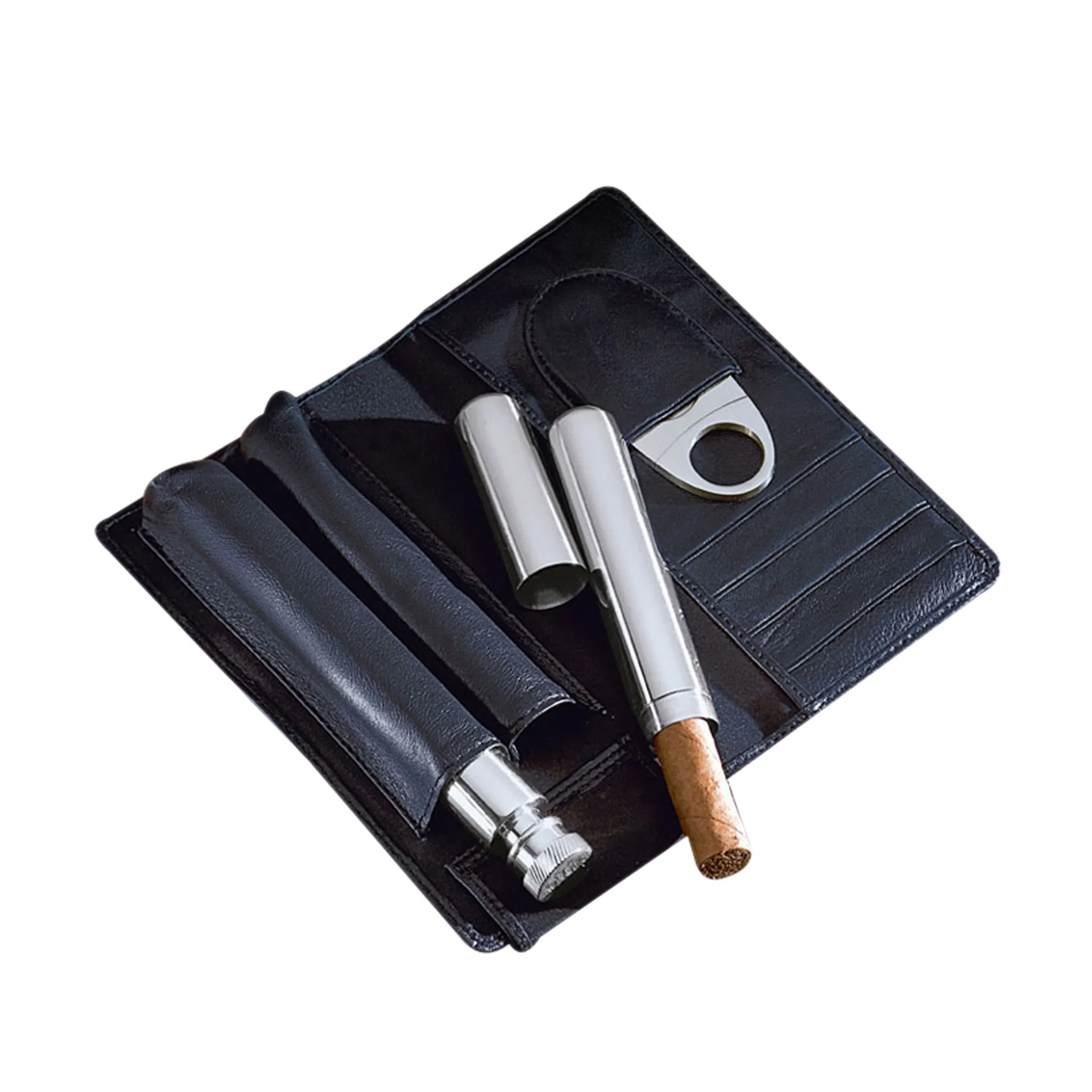 Custom Brand Genuine Cowhide Leather Hunidor Pouch with Stainless Steel Tube