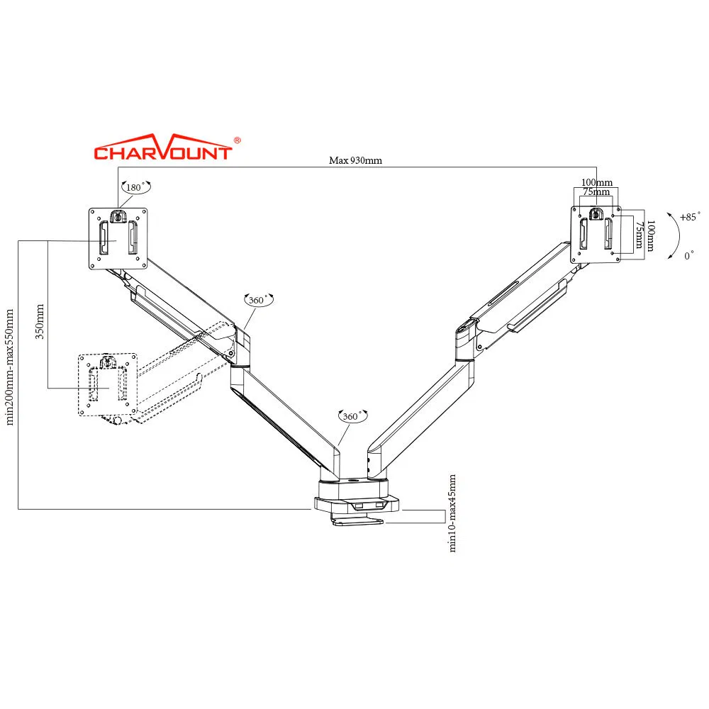 Кронштейн для двух мониторов Charmount с газовой пружиной