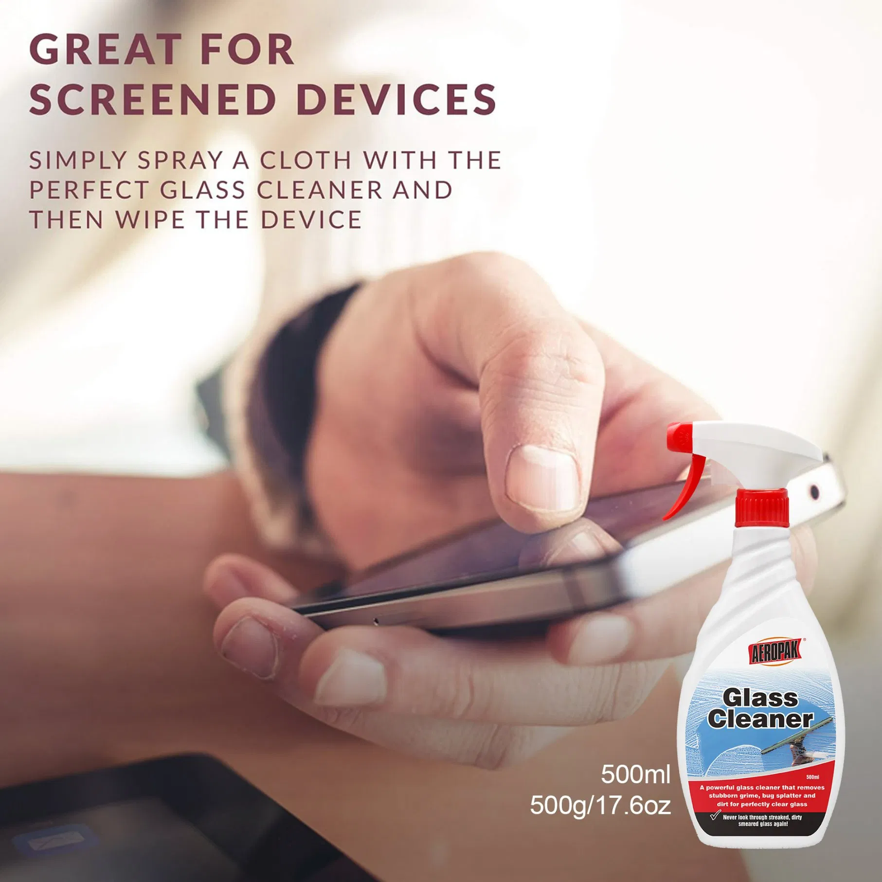 Aeropak 500ml Bottle Quick-Drying Household Liquid Agent Glass Specific Cleaner Spray for Mirror Window Windshield