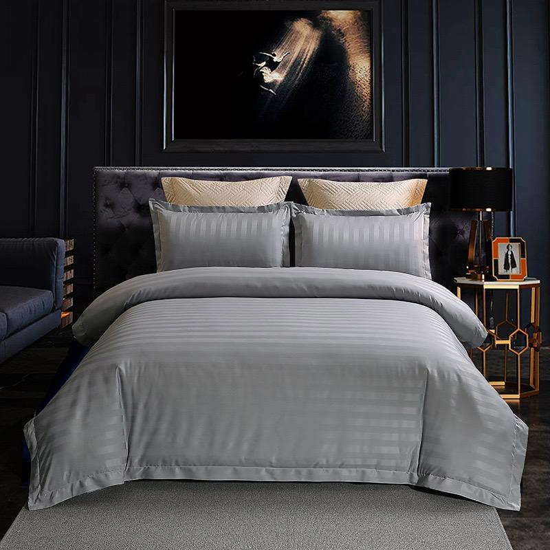 Light Luxury Grey Cotton Satin Striped Jacquard Bed Quilt Duvet Cover Soft Bed Sheets Guangdong ODM/OEM Hotel Home Textile Microfiber Bedding Set