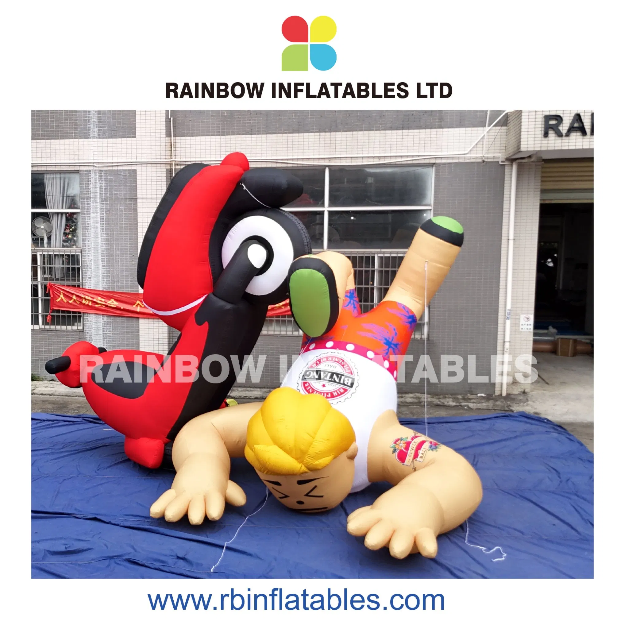 Cartoon-Style Inflatable Scene with Fallen Guy and Dog Character for Event Attraction