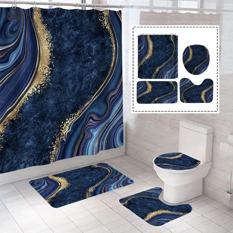 Polyester 3D-Printed Waterproof Marble Pattern Shower Curtain Non-Slip Mat 4PCS Bathroom Accessories