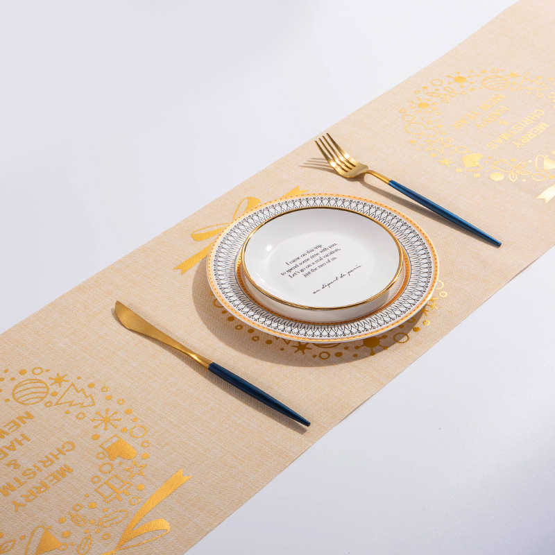 Polyester Linen Fabric Embroidery Gold Printings Christmas Home Party Decoration Indoor Ornaments Printed Home Deco Table Runner Tablecloth