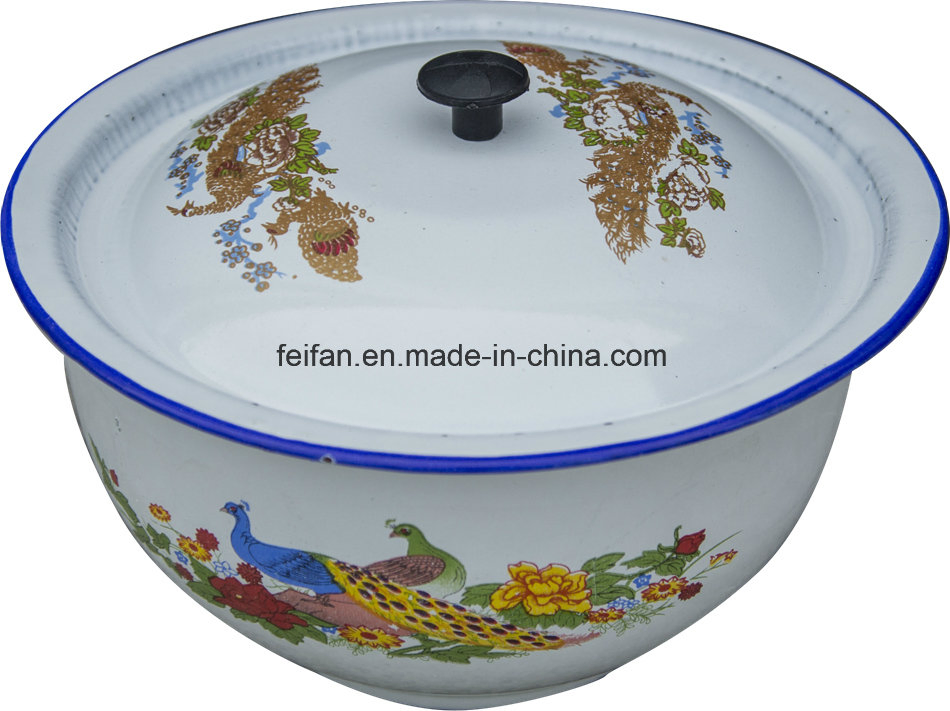 Enamel Footed Bowl/Cash Bowl with Decorated Cover/Mixing Bowl