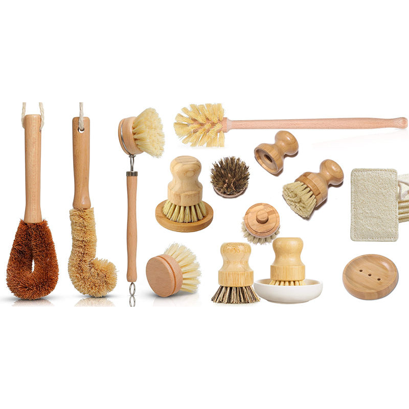 Factory Wholesale Eco-Friendly Reusable Bamboo Sisal Long Handle Kitchen Dish Cleaning Brush