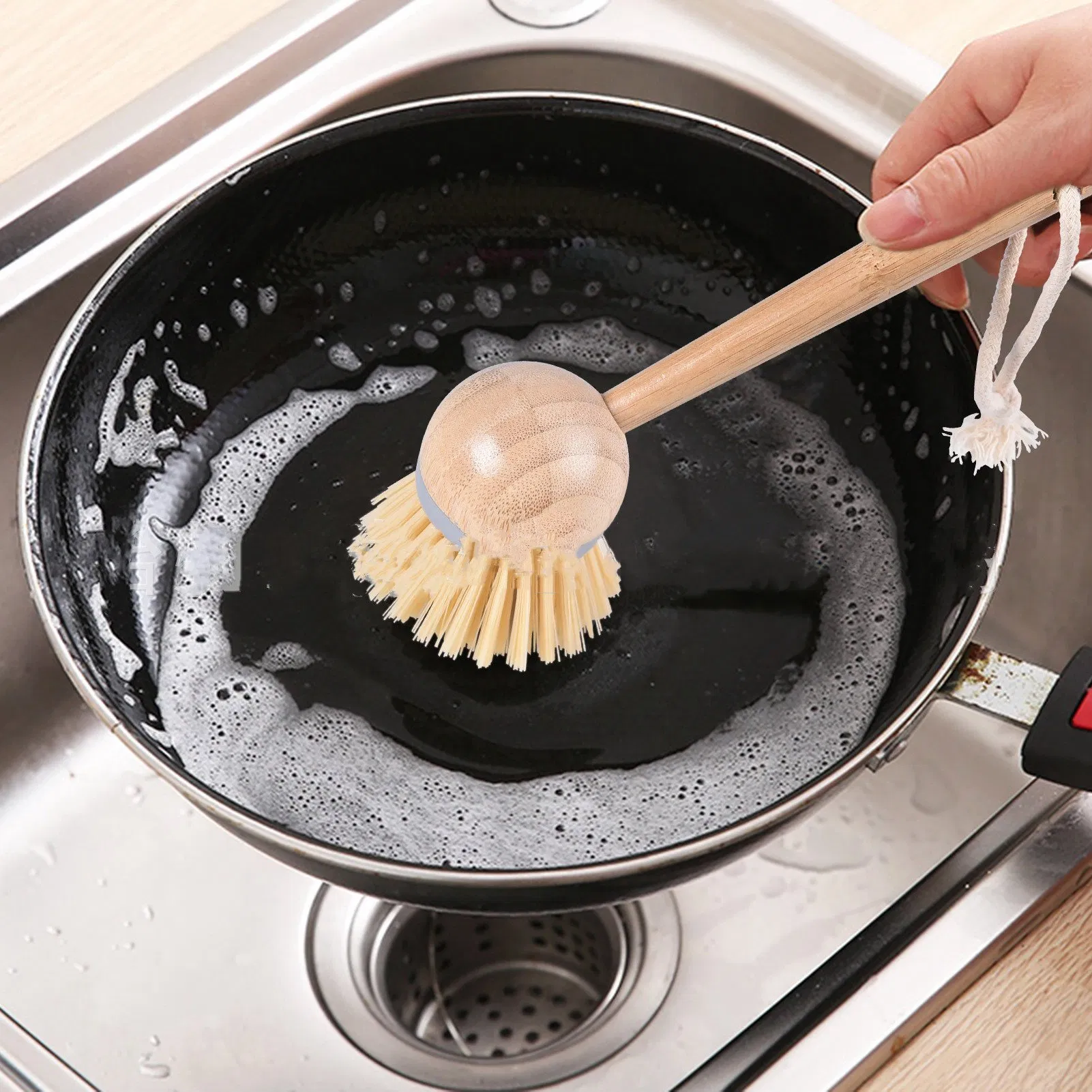 New Cleaning Kitchen Pot Brush Cleaner with Bamboo Handle