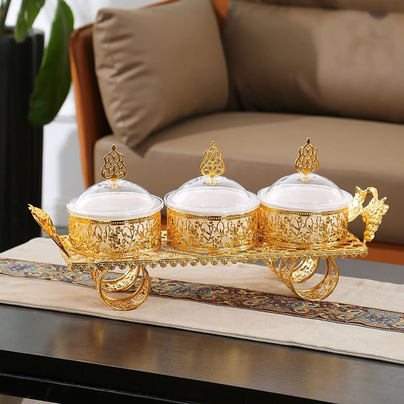 Kitchen Utensils Gold Plated Iron Tray with Plastic Bowl Set Candy Tray