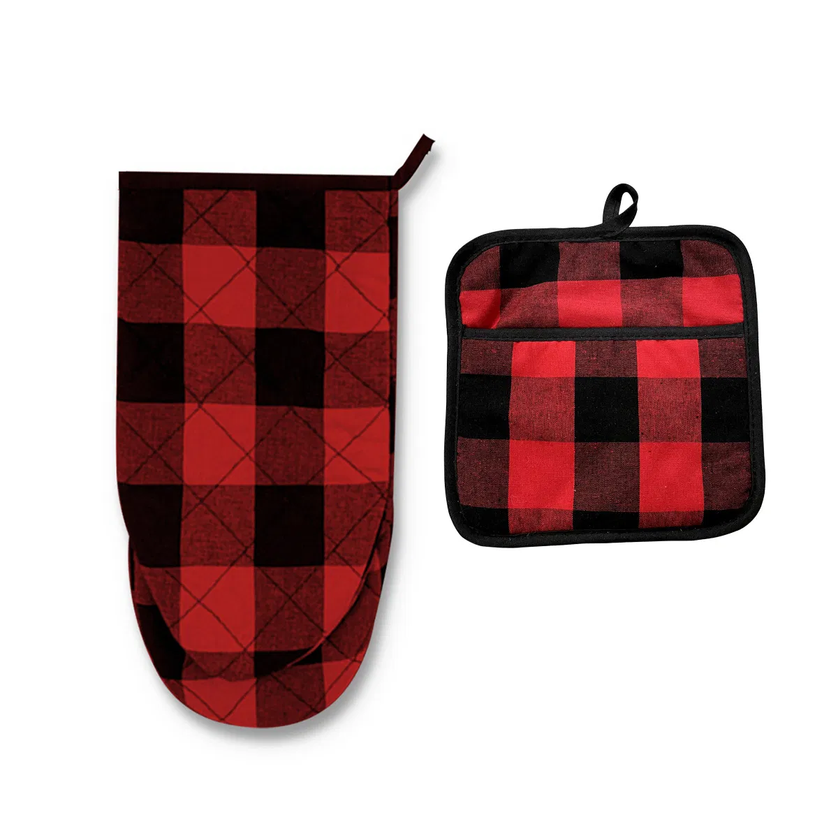 Checkered Red, White and Black Microwave Glove Pads, a Universal Heat Insulation Glove Set for Both Left and Right Hands