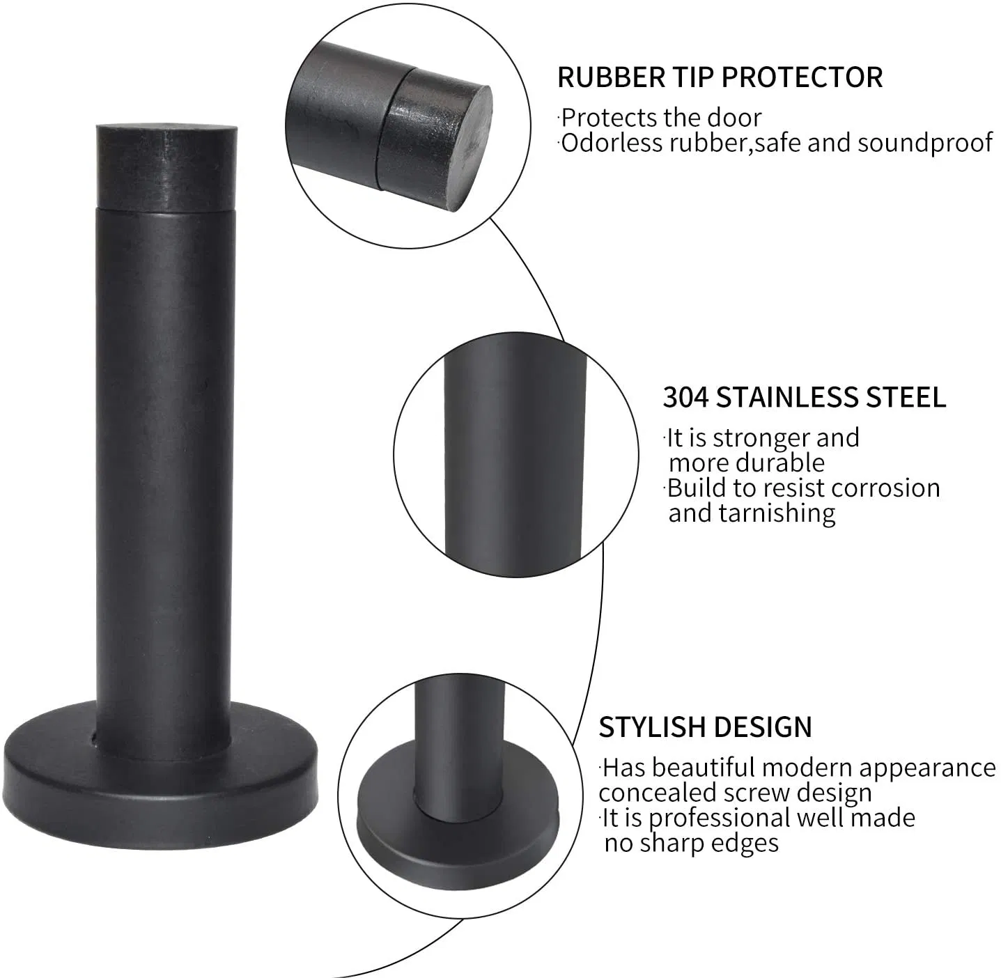 Stainless Steel Matt Black Door Stop Wall Mounted Doorstop Rubber Buffer Stopper