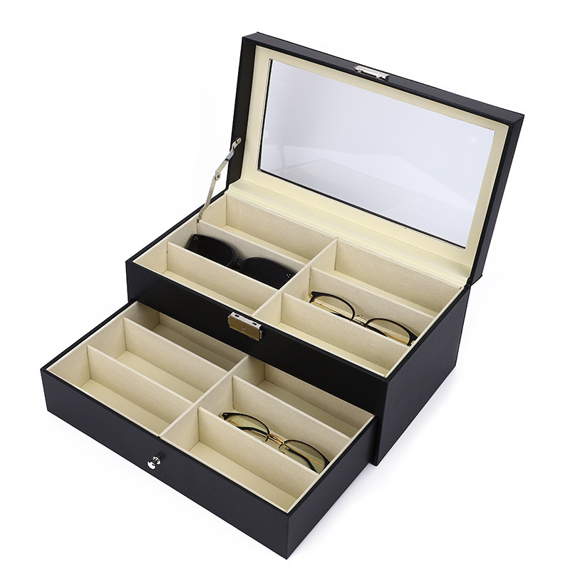 Leather 12slots Sunglass Box Multiple Eyeglasses Eyewear Display Case with Drawer