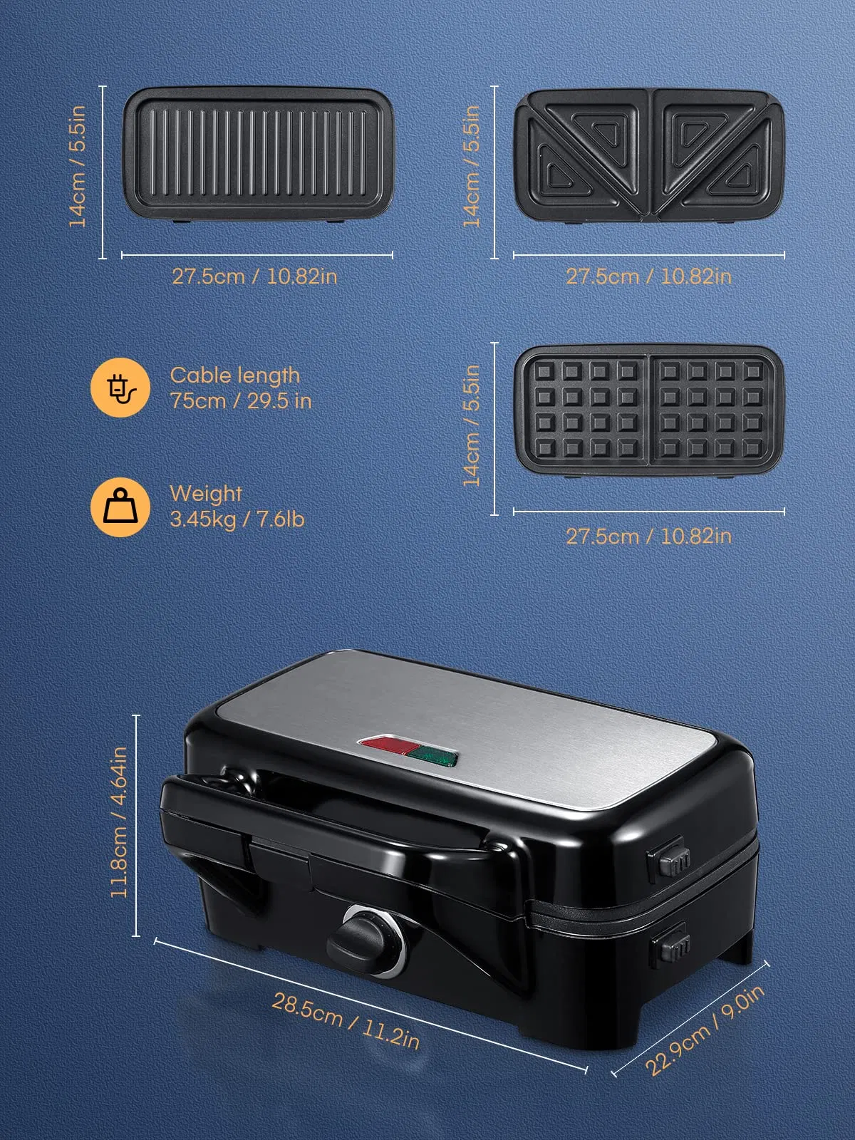 Indicator Lights Interchangeable Non-Stick Panini Press Removable Plates Waffle Sandwich Maker