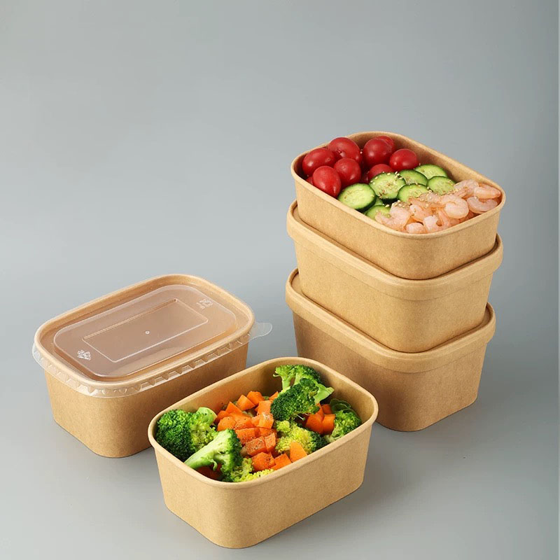 Biodegradable Salad Fruit Bento Container Rectangular Square Packing Kraft Craft Paper Bowl with Lid