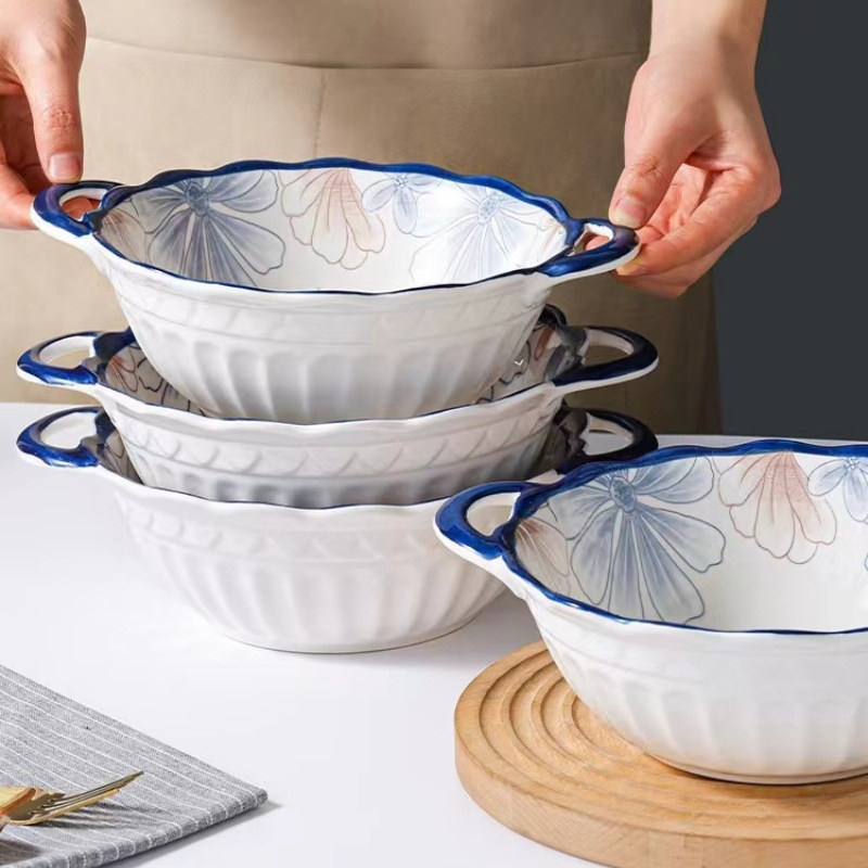 10"Food Bowl with Hands blue Pad Printing Stoneware Porcelainware Tableware