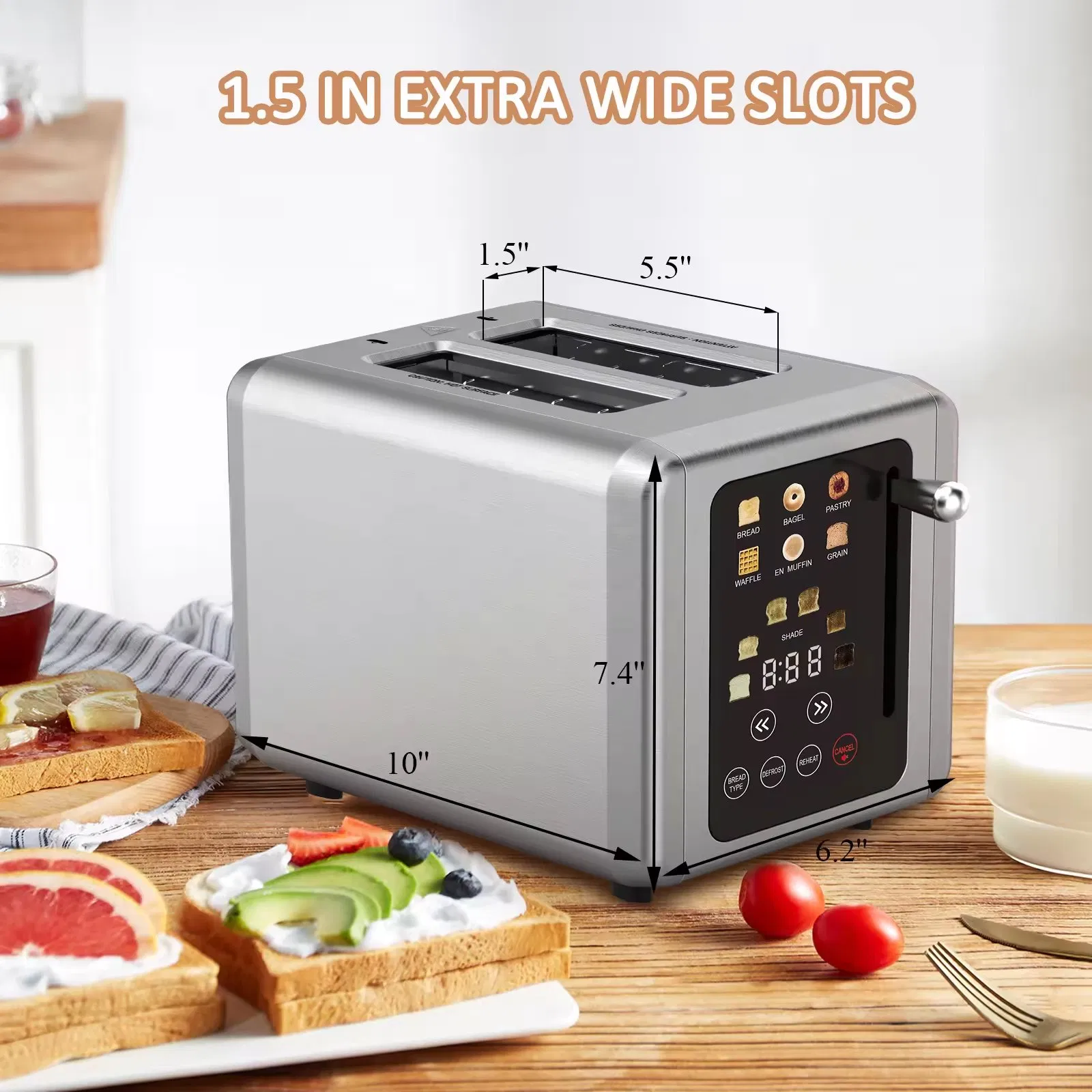 2-Slice Stainless Steel Digital Timer Toaster with Touch Screen 6 Bread Types Premium Toaster for Perfect Toast