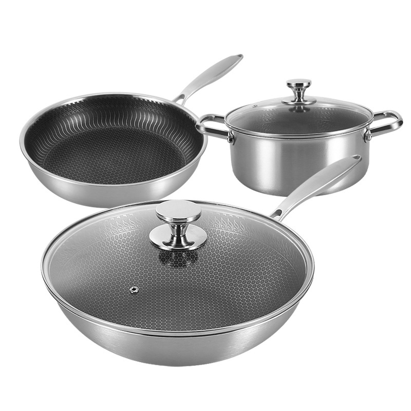 5PCS Three-Layer 304 Stainless Steel Non-Stick Frying Pan Cookware Set