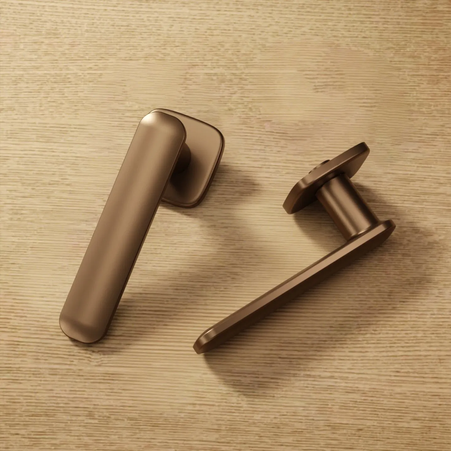 Chinese Factory Luxury Satin Flat Design Tea-Gold Brushed Zinc Alloy Lever Door Handle on Square Rosette for Interior Wooden Door Handle OEM/ODM
