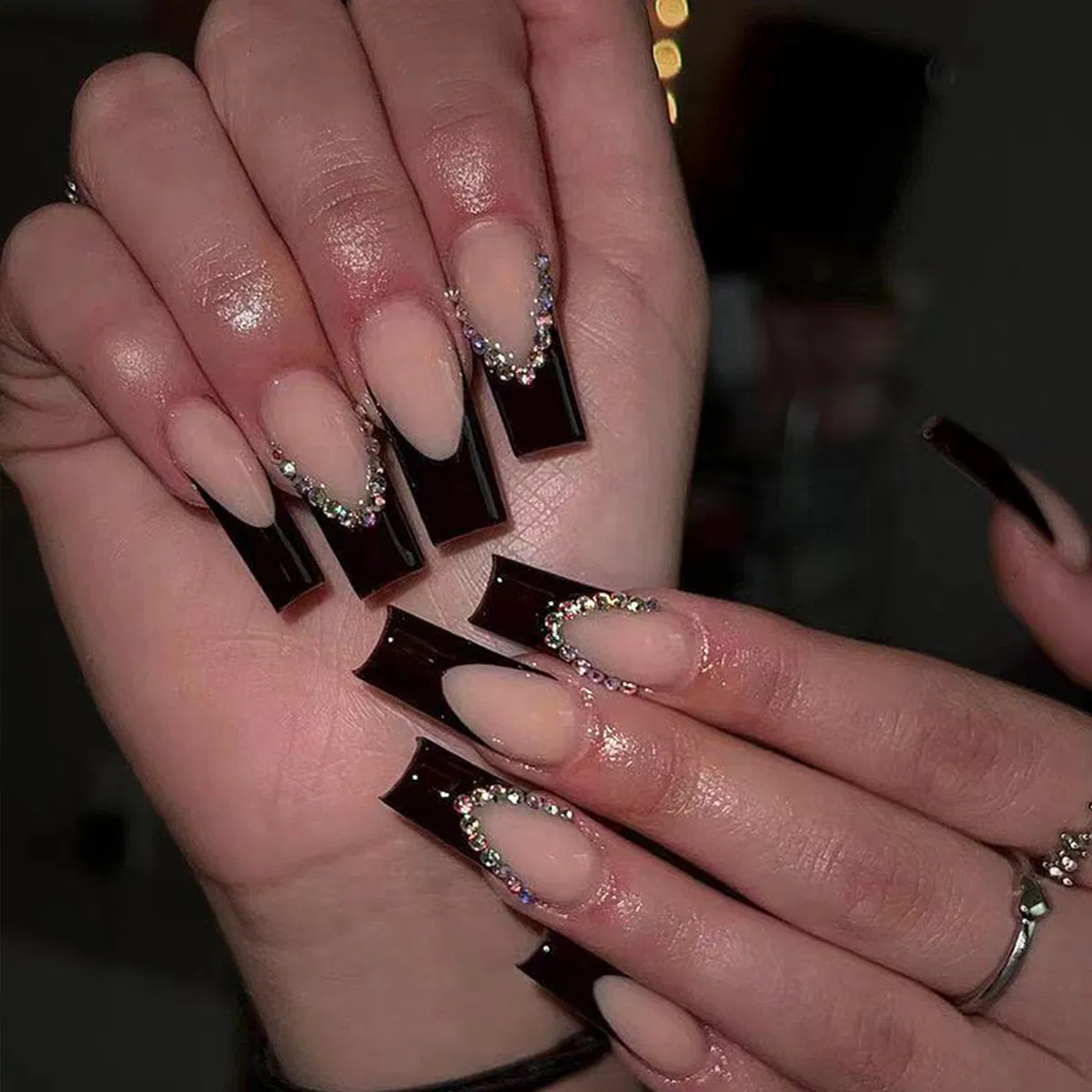 Extended Wearable Black French Edge Rhinestone Water Tube Nail Stickers Detachable False Nails