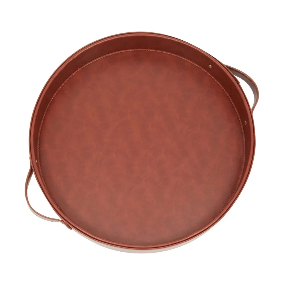 Home Table Top Organizer Decorative Hotel Coffee Trays PU Leather Round Serving Tray with Handles