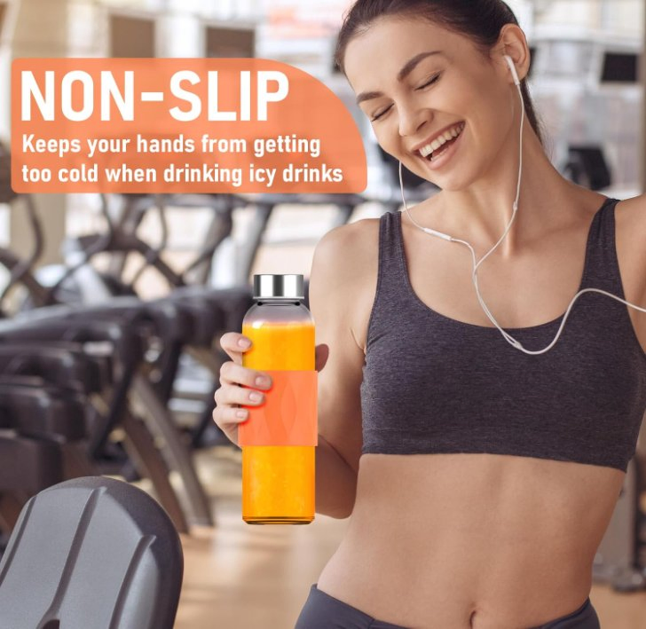 Glass Water Bottles with Lids 18 Oz, Reusable Clear Juice Bottles Stainless Steel Airtight Cap for Juicing, 100% Leak Proof Juice Drinking Jar with Sleeve