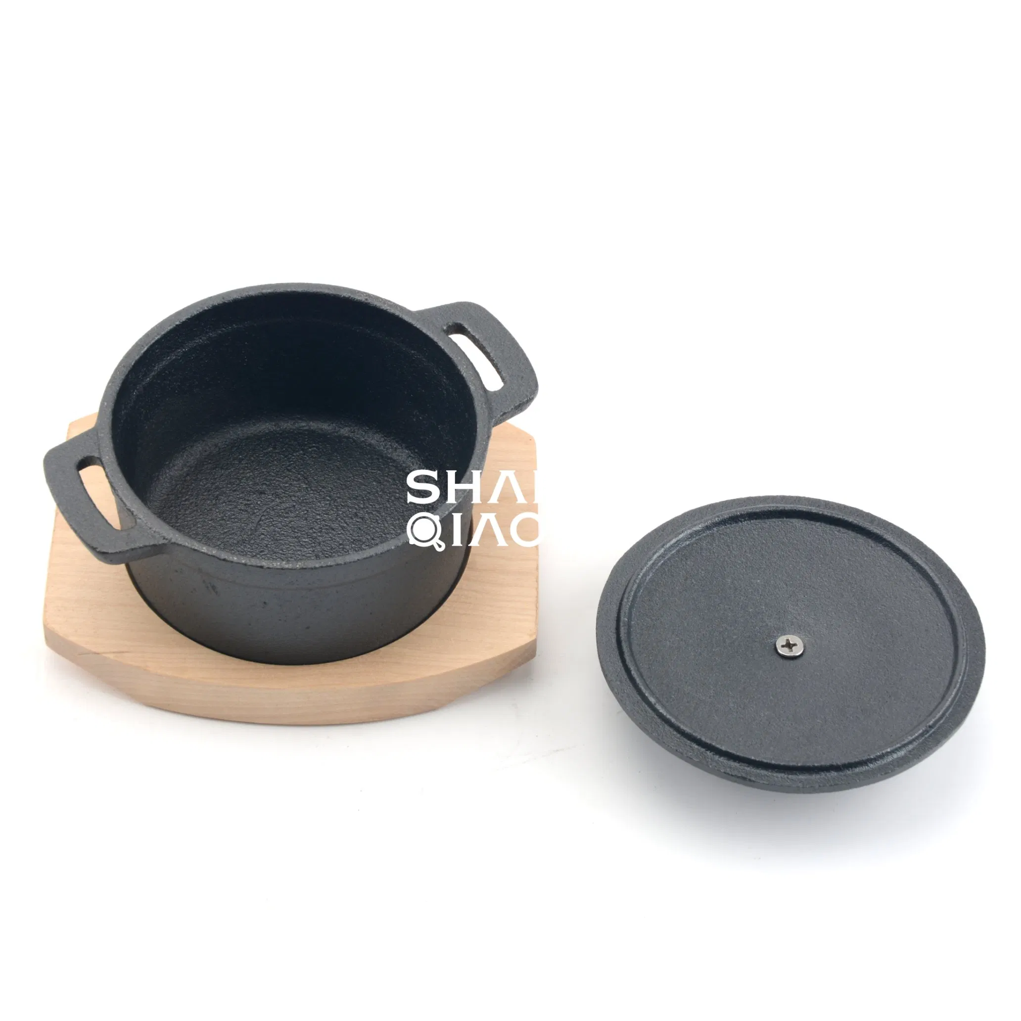 Мини-чугунная кастрюля-кокот с деревянной подставкой