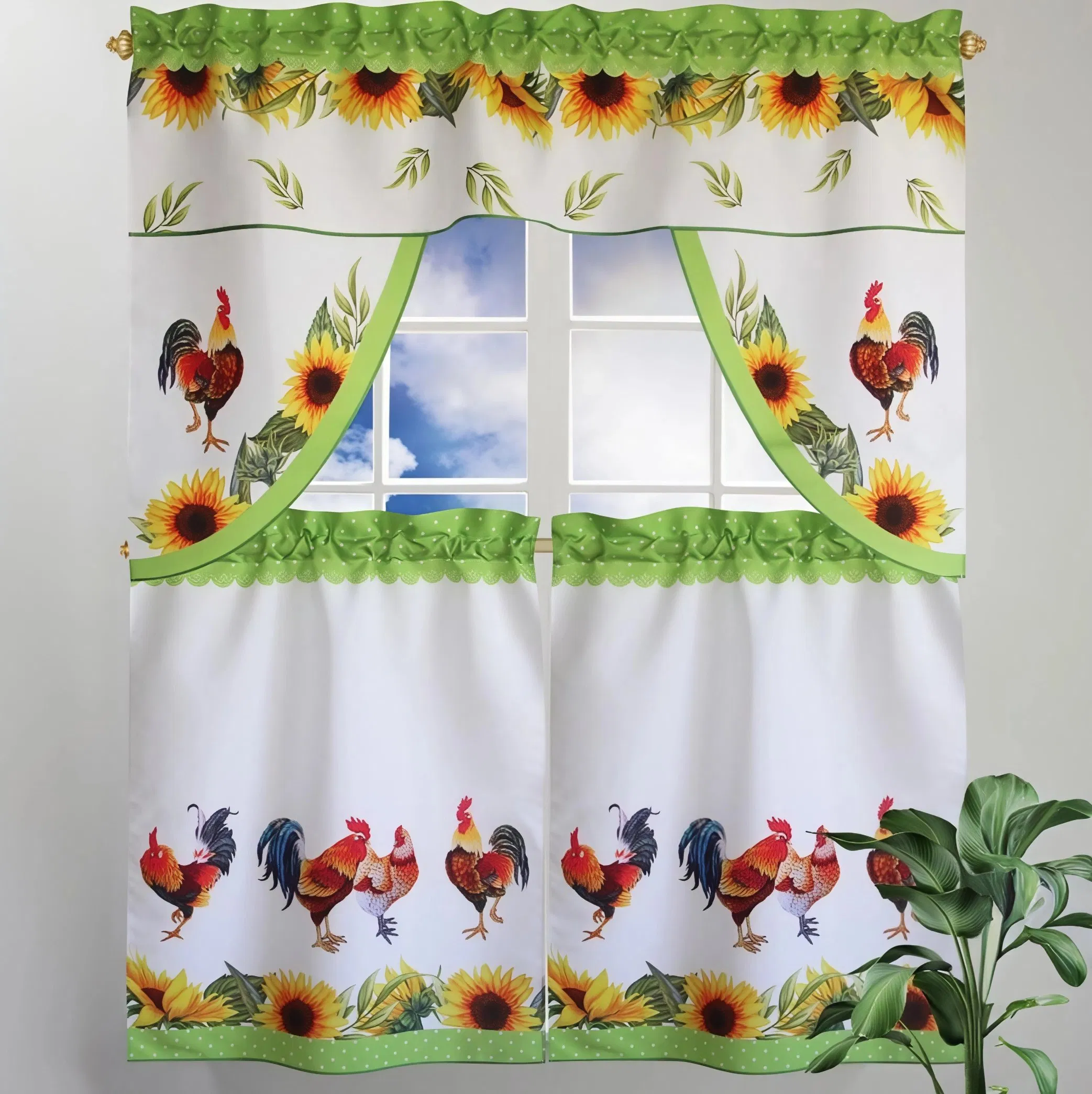 Rooster Family and Sunflower with Green Border Printing Kitchen Curtain