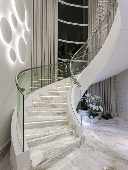 Luxurious Design Marble/Metal Material High-End Residential Villa Indoor Curved Staircase