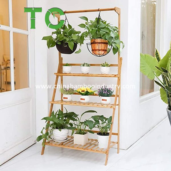 Wholesale 3-Tier Foldable Bamboo Hanging Plant Stand Flower Pot Organizer Storage Rack Display Rack Flower Stand Rack