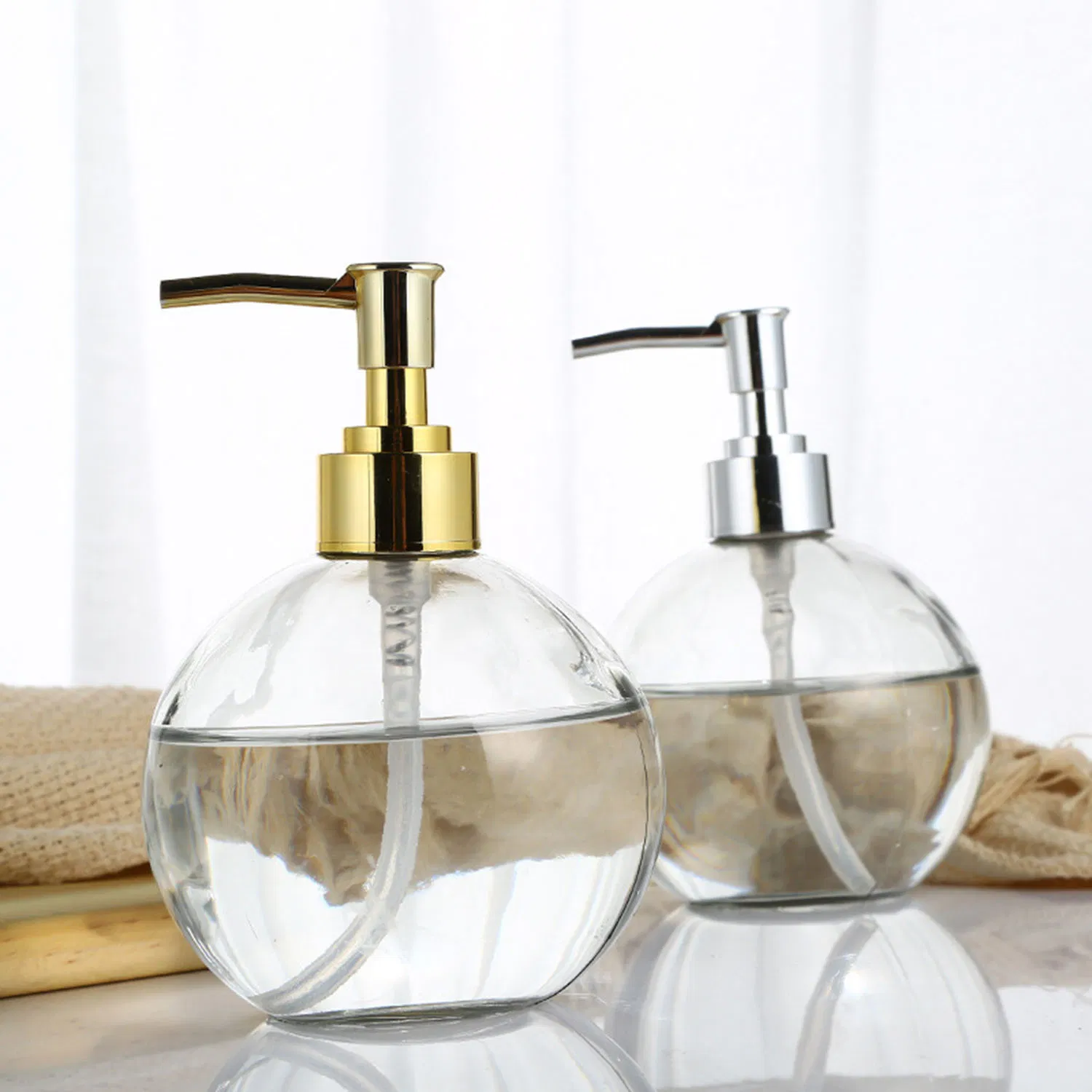 400ml Design Round Glass Refillable Liquid Soap Dispenser Pump Bottle for Bathroom Vanity Countertop, Kitchen Sink - Holds Hand Soap, Dish Soap, Hand Sanitizer