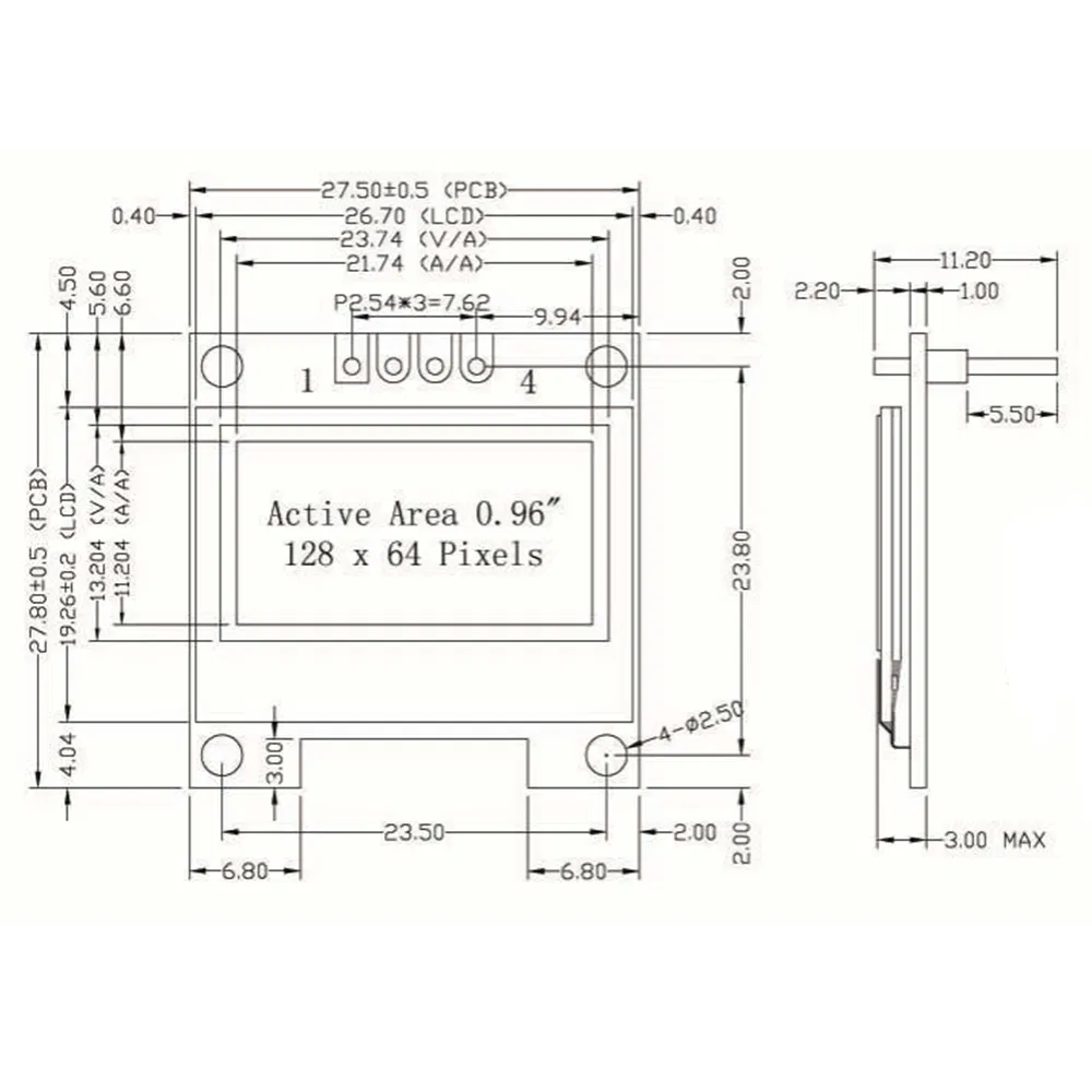 OLED-дисплей 0.96 дюйма 128x64 с драйвером SSD1306