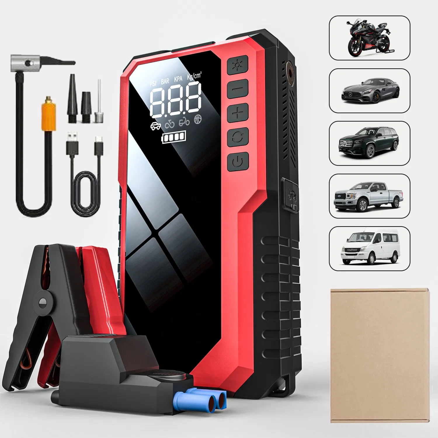 High Capacity 3-in-1 Portable Emergency Car Jump Starter 12V Battery Booster with Bright LED Light Tire Compressor & Heavy-Duty Emergency Power Bank Rescue Set