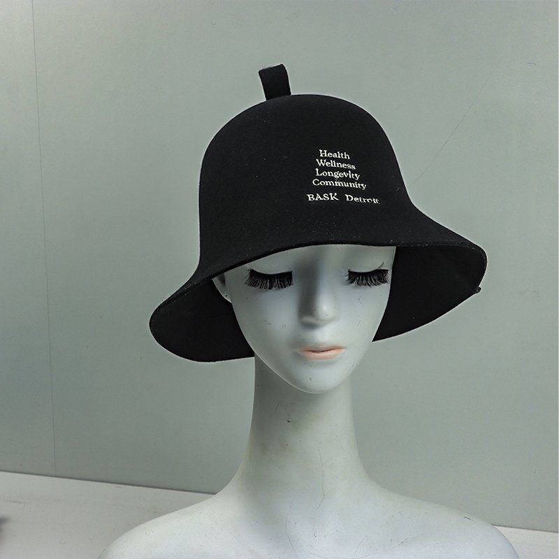 Custom Embroidered Black Merino Wool Felt Sauna Hat