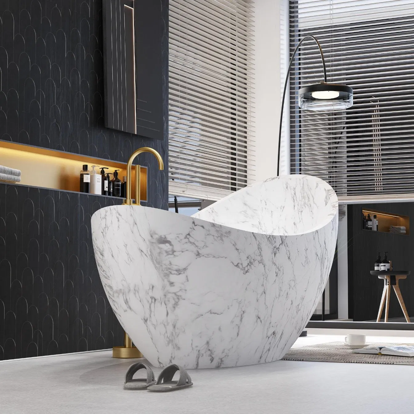 High-End Freestanding Bathroom Bathtub Customized Marble Texture Cultured Composite Stone Solid Surface Soaking Pedestal Tub