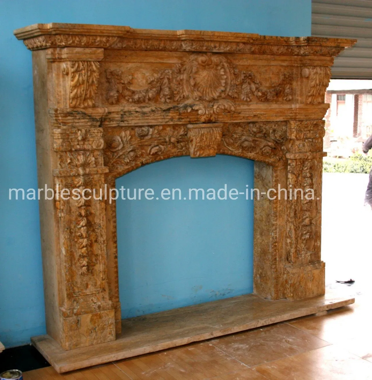 Antique Hand Carving Yellow Marble Fireplace Home Decoration (SYMF-256)