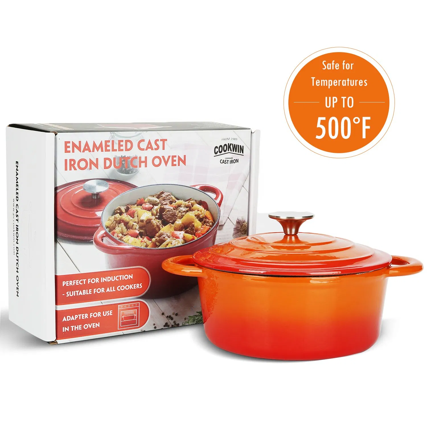 Чугунная эмалированная кастрюля-кокот Cookwin 2.8 кварт, оранжевая