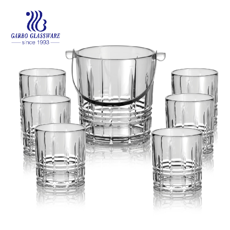 7PCS Transparent Glass Ice Bucket Set with 310ml Glass Tumbler Customized Glassware Set