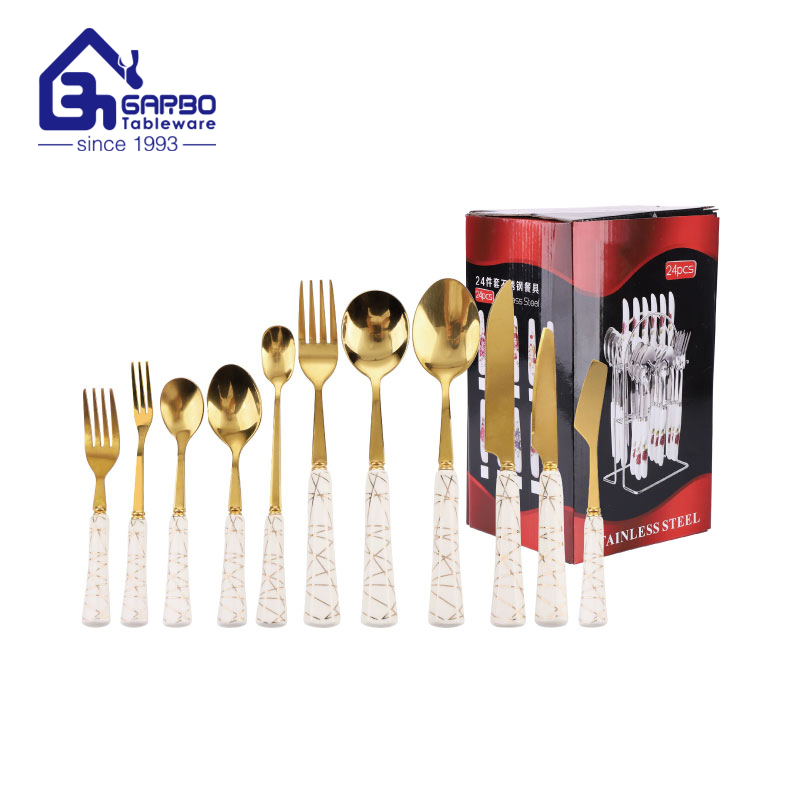 Marble Hand Polished 410ss Gold Dinner Knife with White Handle