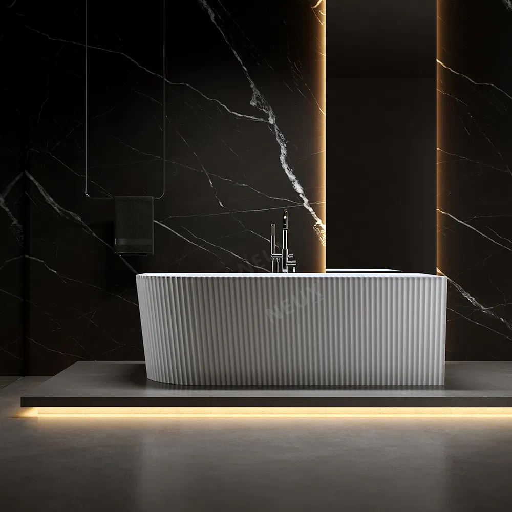 Glossy White Freestanding Bath 2 Wall Left or Right Corner V Groove Fluted Acrylic Bathtub